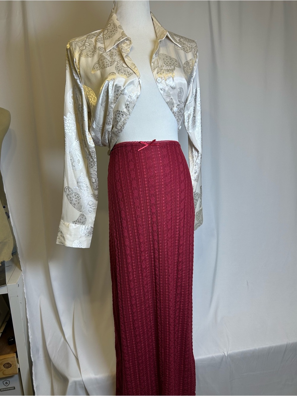 Vintage Red Textured Maxi Skirt - Women's Long Knit Skirt
